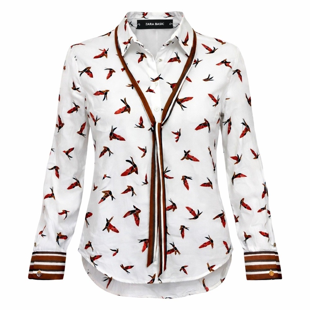 Zara Basic Button‎ Down Shirt Women's Small White Swallow Bird Tie Long Sleeve